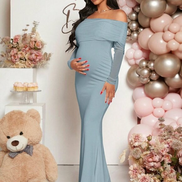 Baby Blue Elegant Women's Maternity Foldover Off Shoulder Mermaid Hem Dress - Picture 6 of 7